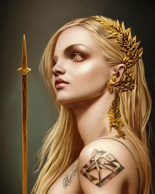 Image similar to tattoo sketch of blonde super model aphrodite greek goddess wearing a gold laurel wreath and triangle earrings, beautiful piercing gaze with sharp pupils, in the style of greg rutkowski, fantasy, amazing detail, epic, elegant, smooth, sharp focus, front view