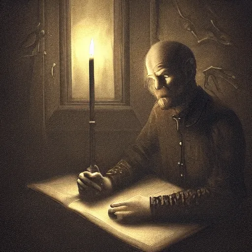 Image similar to A man sits in a dark and gloomy room, the only light is a flickering jittery candle, he writes by the candle in a journal, in a gothic and atmospheric style, artstation digital art, trending on artstation, artstationHQ, artstationHD.