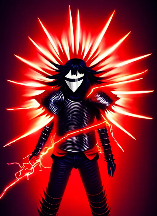 Image similar to a striking cinematic full body manga portrait of a long black haired masked male teenager wearing imposing red jagged spiked plate armour and glowing with raging powerful red energy by hirohiko araki and beeple, fine details, digital art, character concept art, volumetric lighting, cinematic light, photorealistic