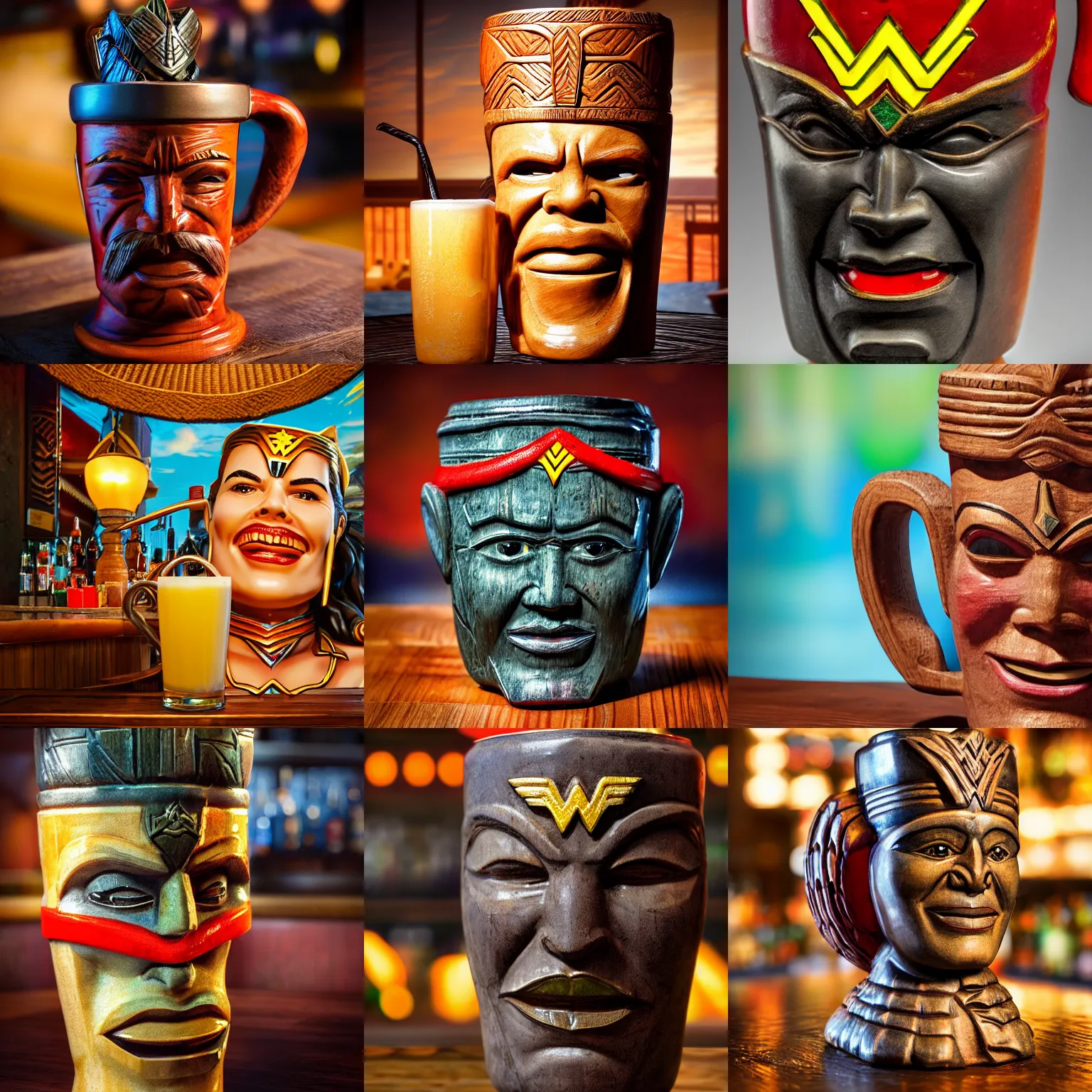 Prompt: a closeup photorealistic photograph of a tiki mug sitting at a trader vic's bar with wonder woman's face on the front. tiki theme. bright scene. fine detail. this 4 k hd image is trending on artstation, featured on behance, well - rendered, extra crisp, features intricate detail, epic composition and the style of unreal engine.