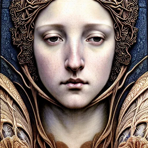 Image similar to detailed realistic beautiful young medieval queen face portrait by jean delville, gustave dore, iris van herpen and marco mazzoni, art forms of nature by ernst haeckel, art nouveau, symbolist, visionary, gothic, neo - gothic, pre - raphaelite, fractal lace, intricate alien botanicals, ai biodiversity, intricate hyper detailed ultra sharp octane render