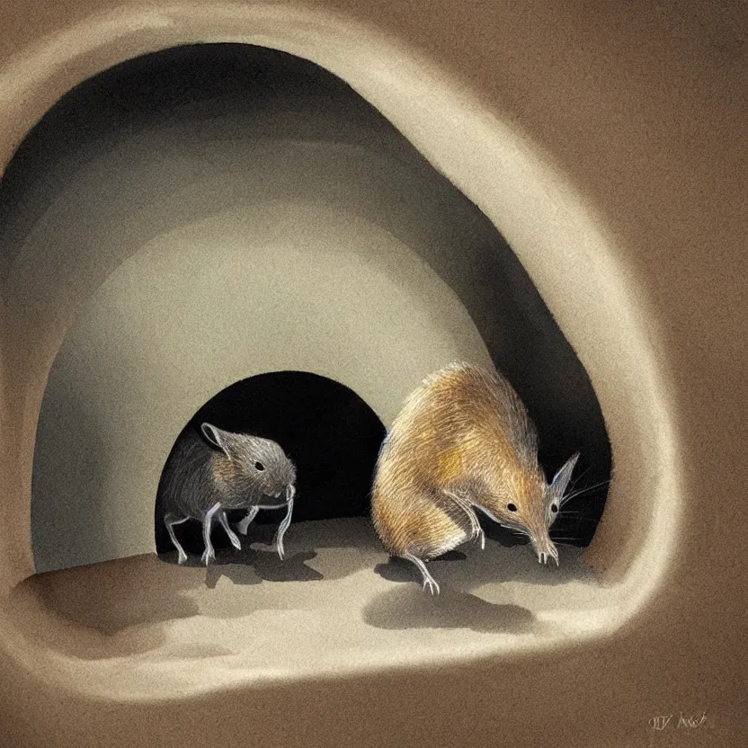 Prompt: a shrew in a little tunnel. pulp sci - fi art. soft lighting. muted colors. dark background