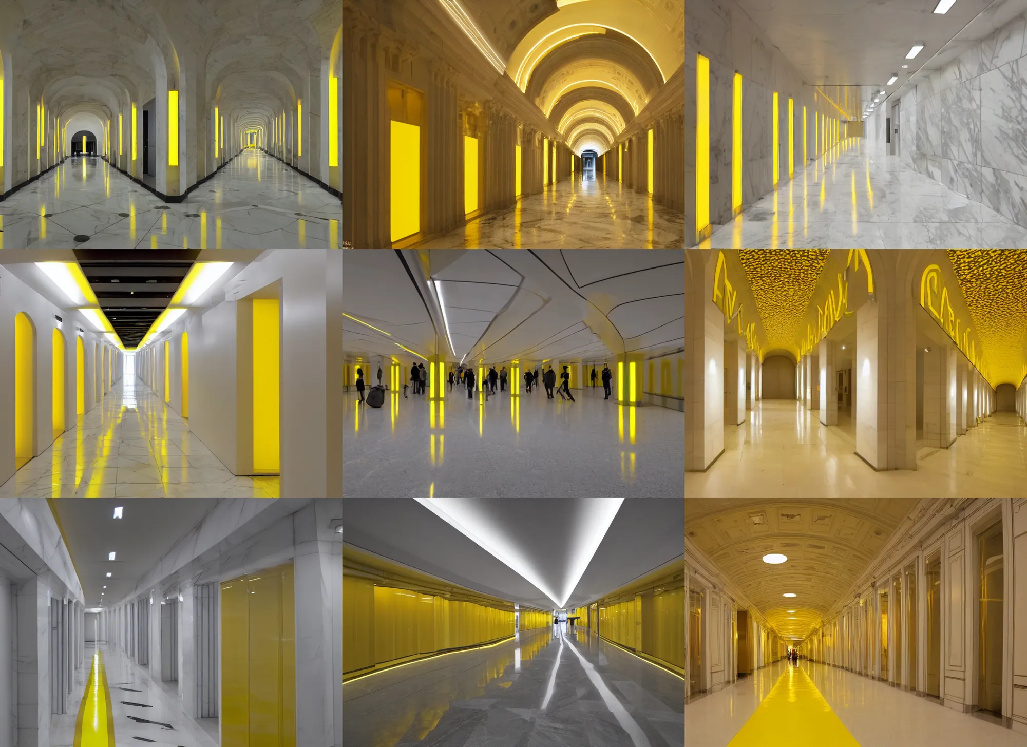 Prompt: white marble corridor lit with yellow fluorescent lights, interior, architecture, IMAX