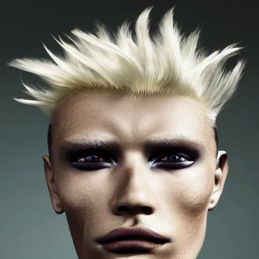 Image similar to a beautiful young male alien with ombre skin, his hair moves with the wind, photographed by erwin olaf