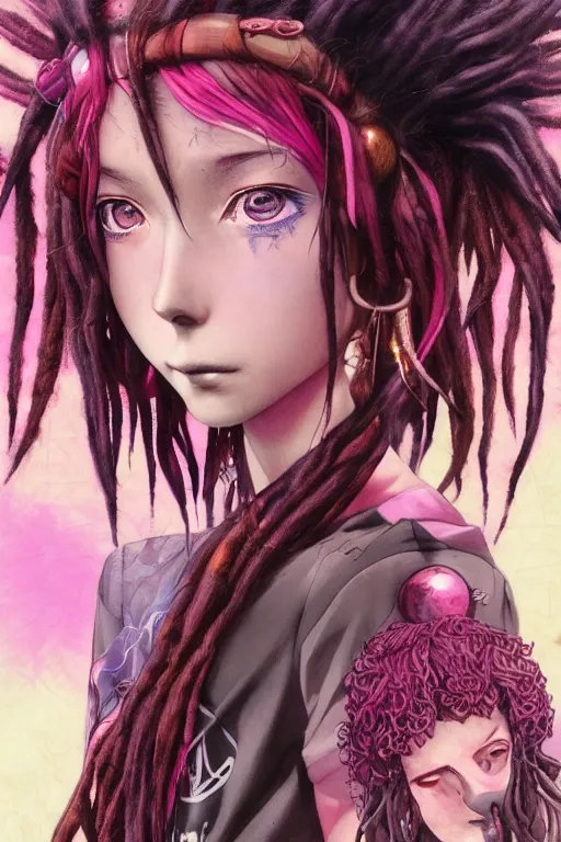 Image similar to portrait of an anime manga hippie girl with pink and brown dreads, straight on portrait, by artgerm, james jean, tom bagshaw, gerald brom, vaporwave colors, lofi colors, vaporwave, lofi, goth vibe, 4 k, smooth, hd, substance designer render, symmetrical,