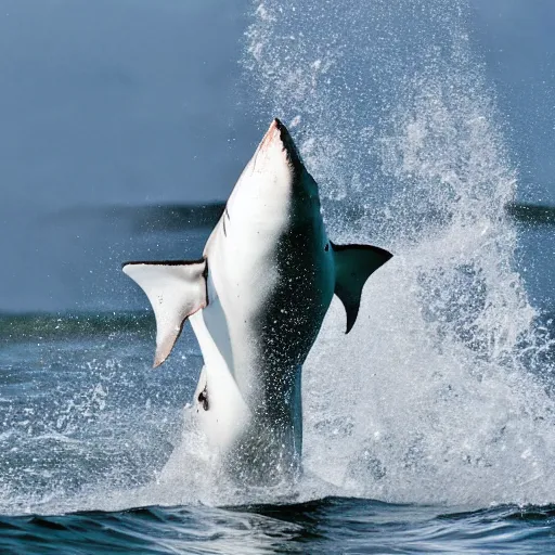 Prompt: action photo of ai - shark jumping from surface of the sea, from nature journal, 1 / 1 0 0 0 sec shutter, action photo