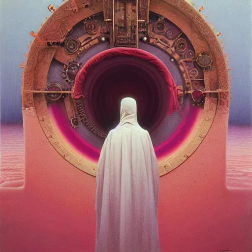 Image similar to african moors in white robes building a steampunk portal near a pink lake by zdislaw beksinski and thomas blackshear and alex grey, oil on canvas, 8k