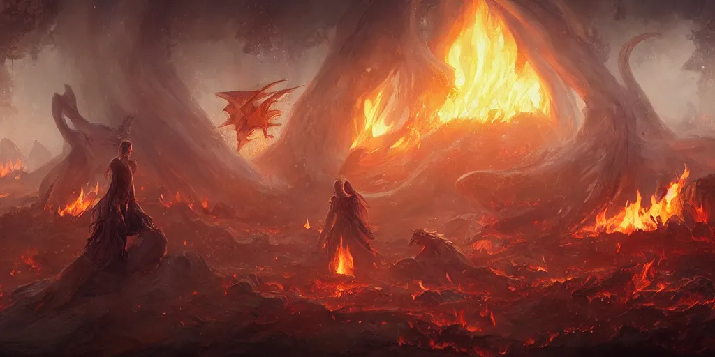 Image similar to dreams of a Christian met with fire and flames, plus some dragons, Greg Rutkowski, psychedelic trippy art