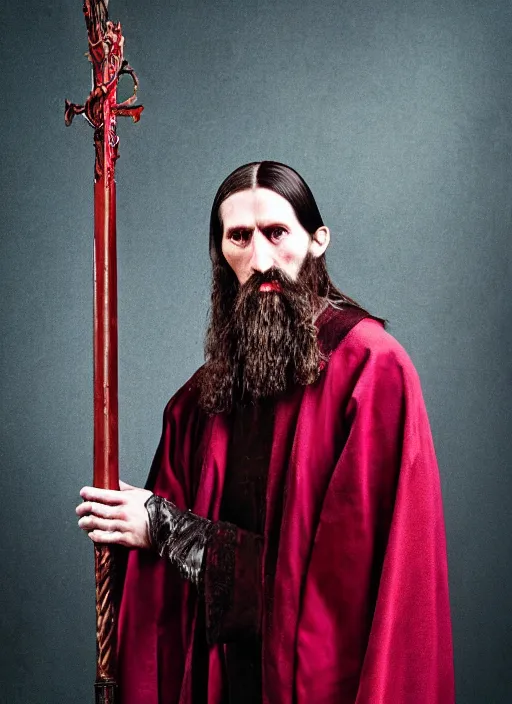 Image similar to full body portrait of a 30 year old RASPUTIN wearing a highly detailed deep purple and crimson robe with cloak holding a sickle in his right hand. Cinematic dynamic lighting with backlight. ACTION POSE. portrait by Annie Leibovitz