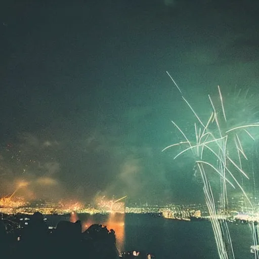 Image similar to “fireworks fireworks 🎆 🎇 💥 fireworks exploding in the night sky 🌌 explosions in the sky. Lots of burning embers and glowing particles raining down. The sky is dark and it is night.”