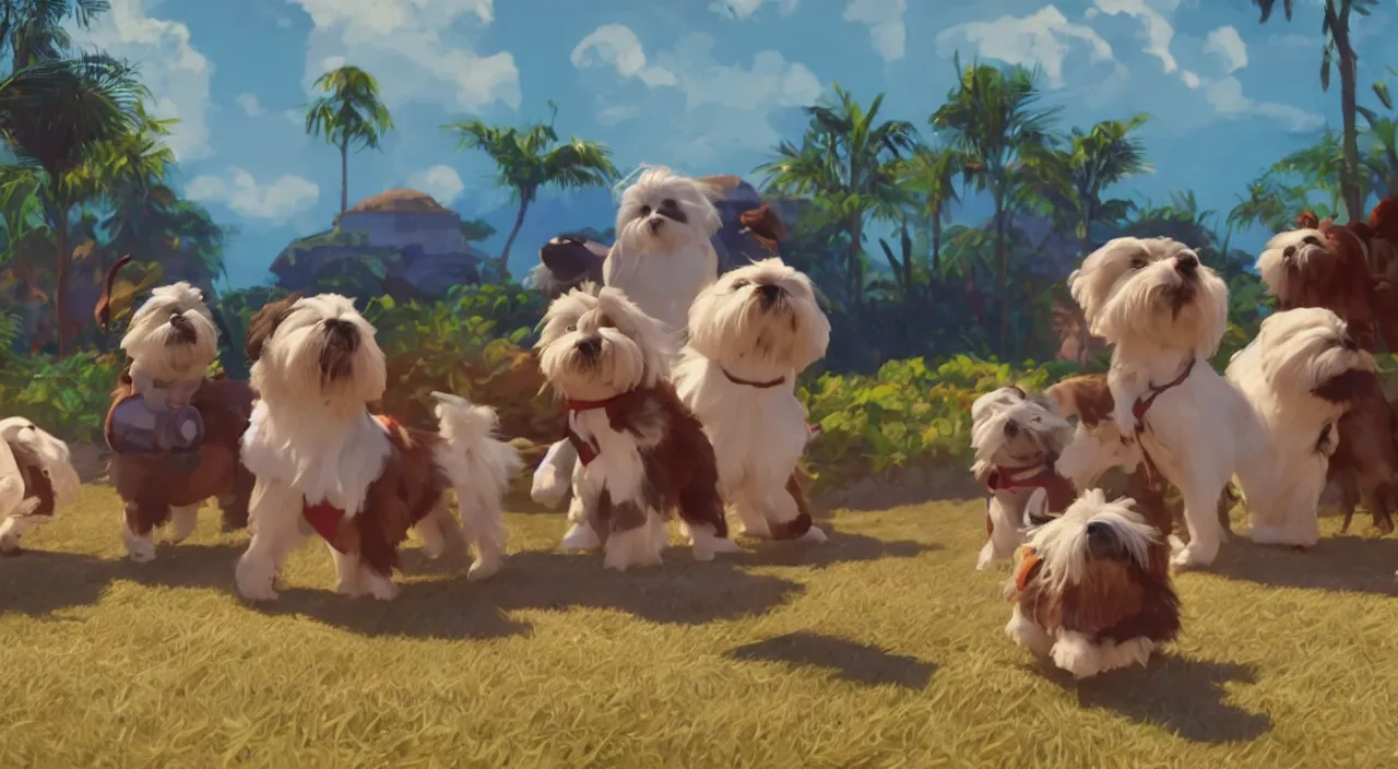 Image similar to havanese dogs playing in a cuba hacienda, 1 9 0 0, genndy tartakovsky, atey ghailan, goro fujita, studio ghibli, rim light, morning lighting, clear focus, very coherent