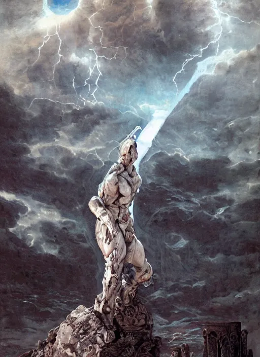 Image similar to ancient statue of a diabolical marble stone cyborg, wearing torn white cape, dynamic pose, thunder, glowing eyes, post apocalyptic ancient ruins, glowing veins subsurface scattering, in clouds, sunset, portrait, by gerald brom, by mikhail vrubel, by peter elson, muted colors, extreme detail, trending on artstation, 8 k