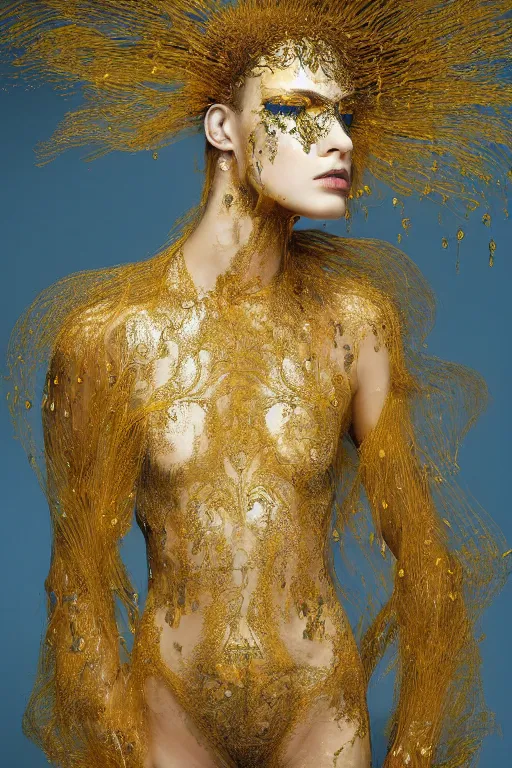 Prompt: a wide portrait of a beautiful girl, porcellaine skin with golden tears, hiding face and torso behind beautiful intricate flowy silky cloth, dramatic lighting, intricate translucent feathers, splashy intricate thick paint texture on the face and body, intricare abstract flower arrangement, gold and blue palette