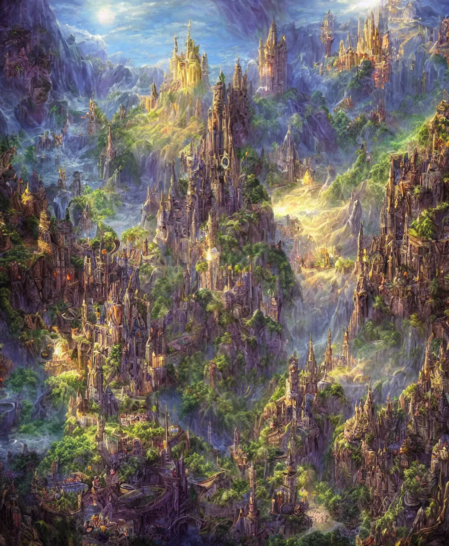 Prompt: an epic fantasy painting filled with magical elements, castles, and crystal towers