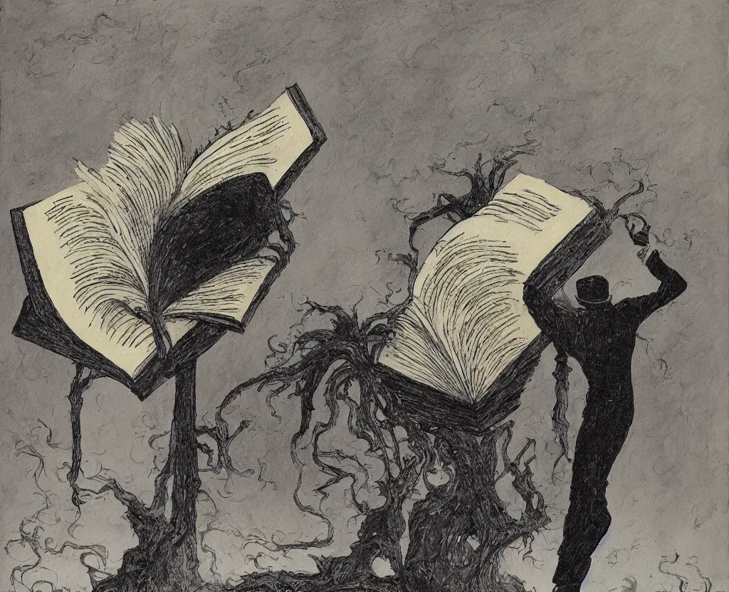 Image similar to a painting of a large book on a stand with evil vapors escaping from it, in the style of edward gorey