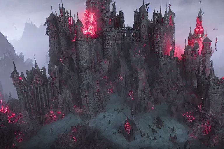 Image similar to big evil castle - city rock dark shadow elves, might and magic heroes vii, dark fantasy, shadows, artstation trending, unreal engine 5, red