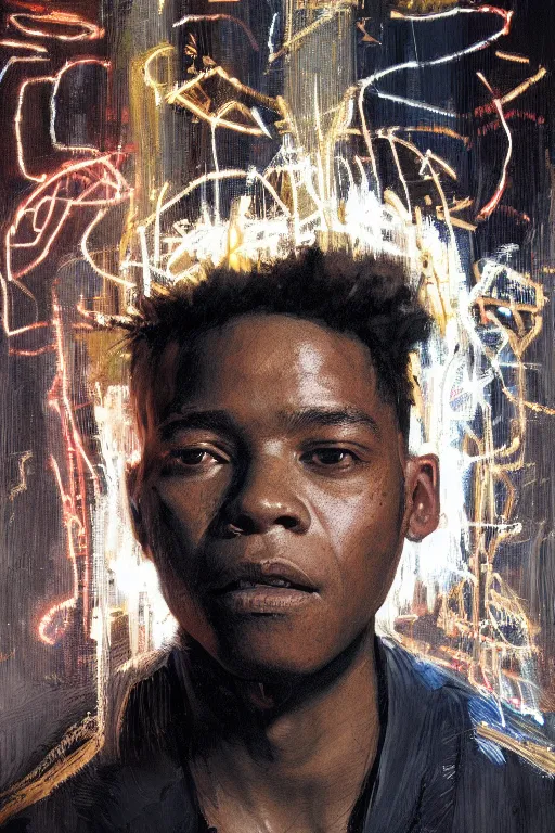 Prompt: portrait of jean basquiat, intricate, elegant, glowing lights, highly detailed, digital painting, artstation, sharp focus, illustration, art by wlop, mars ravelo and greg rutkowski