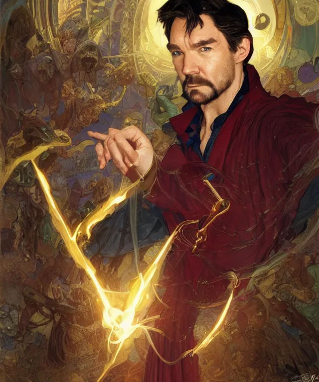 Image similar to Antony Starr as Doctor Stephen Strange, highly detailed, digital painting, artstation, concept art, smooth, sharp focus, illustration, ArtStation, art by artgerm and greg rutkowski and alphonse mucha and J. C. Leyendecker and Edmund Blair Leighton and Katsuhiro Otomo and Geof Darrow and Phil hale and Ashley wood and Ilya repin and Charlie Bowater