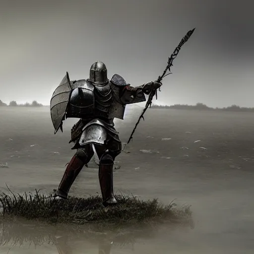 Prompt: An armored knight rode out into the fog to cross the river into battle