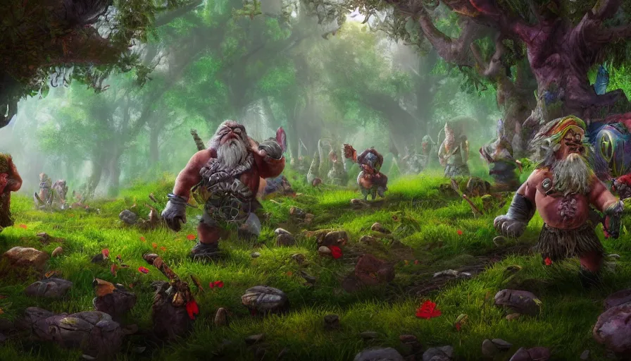 Prompt: Dwarves with baskets walking in a huge colorful forest, hyperdetailed, artstation, cgsociety, 8k