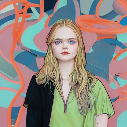 Prompt: Elle Fanning in front of a neon church picture by Sachin Teng, asymmetrical, dark vibes, Realistic Painting , Organic painting, Matte Painting, geometric shapes, hard edges, graffiti, street art:2 by Sachin Teng:4