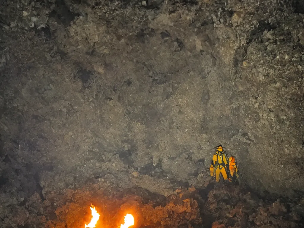 Prompt: one man with torch bringing fire into cave in darkness