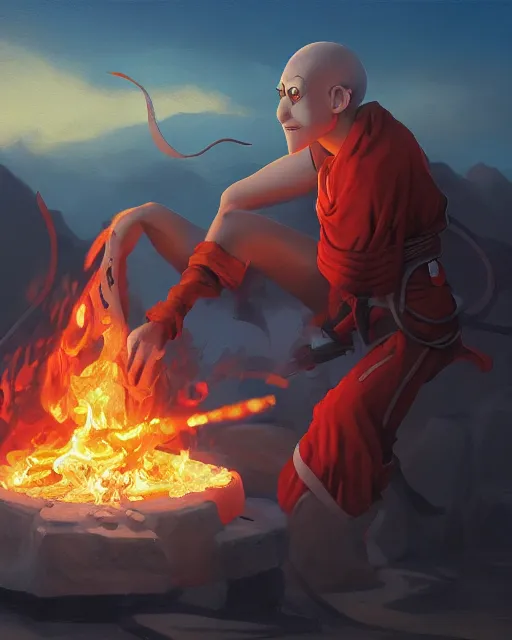 Image similar to [ squidward ] wearing fire nation clothing and practicing firebending outside at susnset, oil painting, highly [ detailed ], intricate, hd, sharp focus, photorealistic, by moebius and greg rutkowski, trending on artstation, trending on cgsociety, realistic shading and lighting