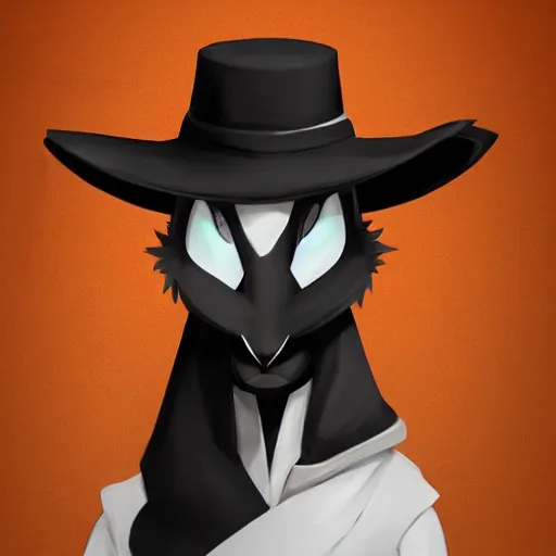 Image similar to anthropomorphic jackrabbit harengon with black skin and white highlights, wearing stylized monk robes and a very wide brimmed black hat, focus on hat, digital art featured on artstation