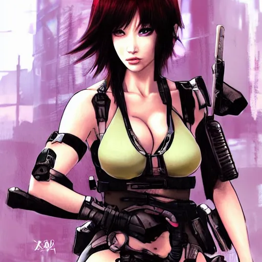 Prompt: concept art illustration of young japanese christina hendricks natalie portman as lara croft motoko kusanagi anime protagonist, wearing tokyo harajuku street fashion combat warrior fantasy bikini, intricate, elegant, art by kim hyng tae, style of blade and soul, and rosstran, masamune shirow