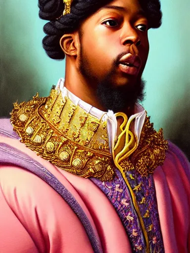 Image similar to rococo portrait of a black prince wearing a golden crown with pastel flowers, symmetrical, realistic, 8 k, digital painting, art by krenz cushart, kehinde wiley, artem demura