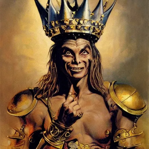 Image similar to The goblin king wearing a golden crown, painting by Frank Frazetta, detailed, 4k