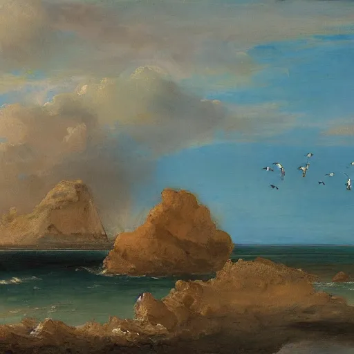 Prompt: A coast with sand and small rocks with a blue sky and a troubled sea and an old sailing ship on the horizon and in the sky is a flock of birds flying southwards, painted in oil colours