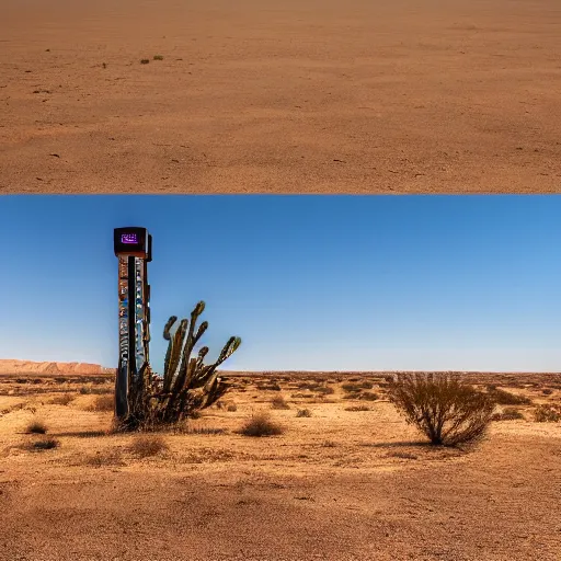 Image similar to a distant slot machine in the middle of a desert, wide shot, establishing wide shot, dark lighting, long exposure photography, slow shutter,