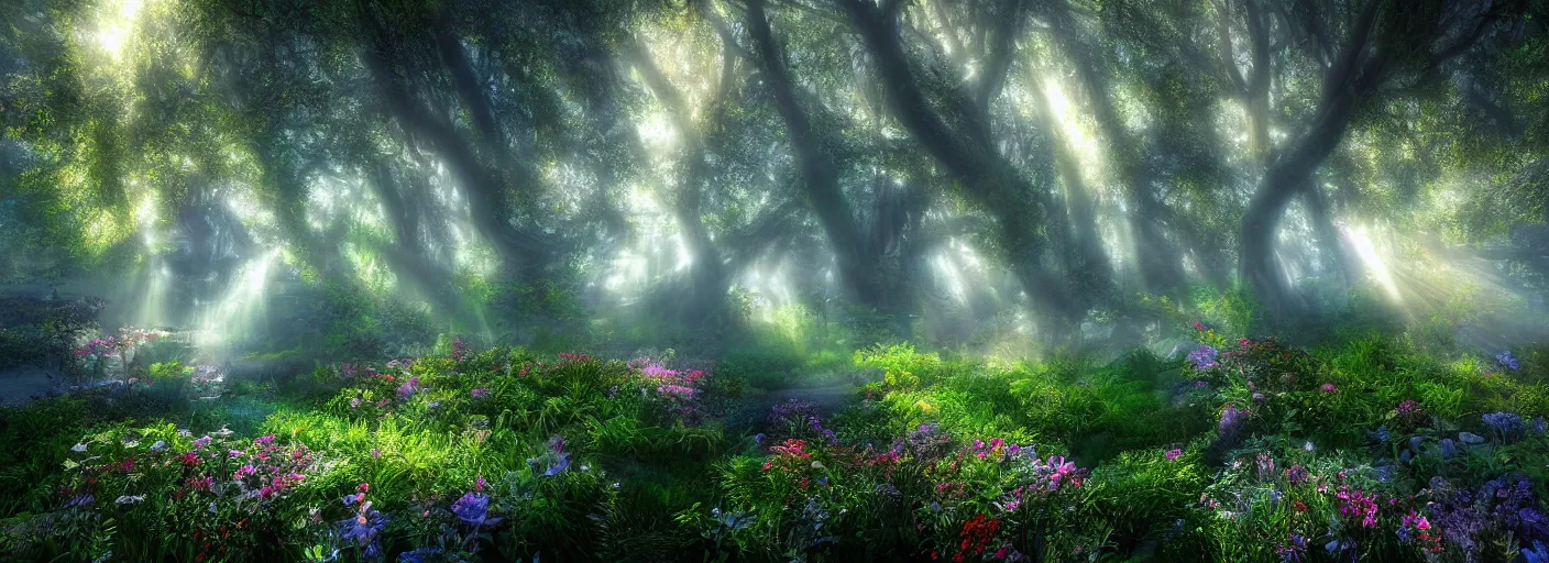 Prompt: photograph of enchanted garden, mist with rays of light by marc adamus, highly detailed, intricate detail, cinematic lighting