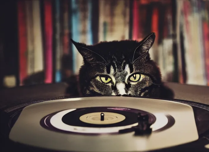 Image similar to photography of a Cat sitting on a record player. in a room full of posters, photorealistic, raining award winning photo, 100mm, sharp, high res