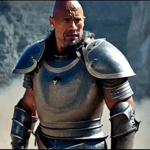 Dwayne 'the rock' johnson in knight armor raising eyebrow