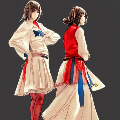 Image similar to a perfect, realistic professional digital sketch of two Japanese schoolgirls posing, in style of Marvel, full length, by pen and watercolor, by a professional American senior artist on ArtStation, a high-quality hollywood-style sketch, on high-quality paper