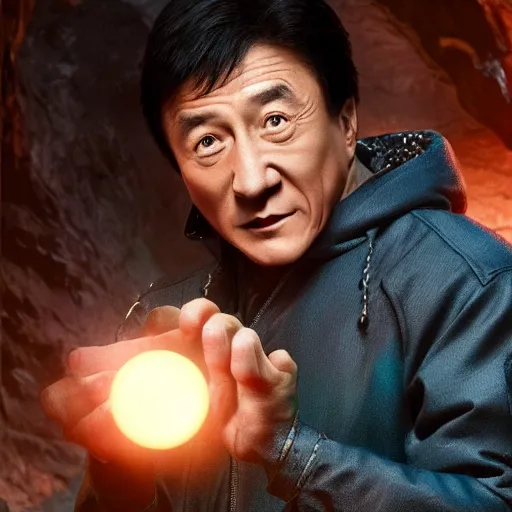 Prompt: Jackie Chan wearing a hunters tunic holding a small glowing red magical orb with electrical bolts emitting from it. In an icy cave. Trending on Artstation octane render ultra detailed art by Ross tran