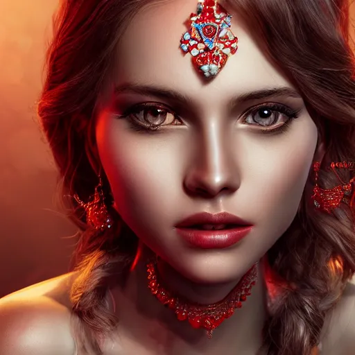 Image similar to wonderful princess with smooth fair skin, alluring eyes, red jewelry, breathtaking, elegant, intricate, hyper detailed, accent lighting, 4 k glamour photography, octane render