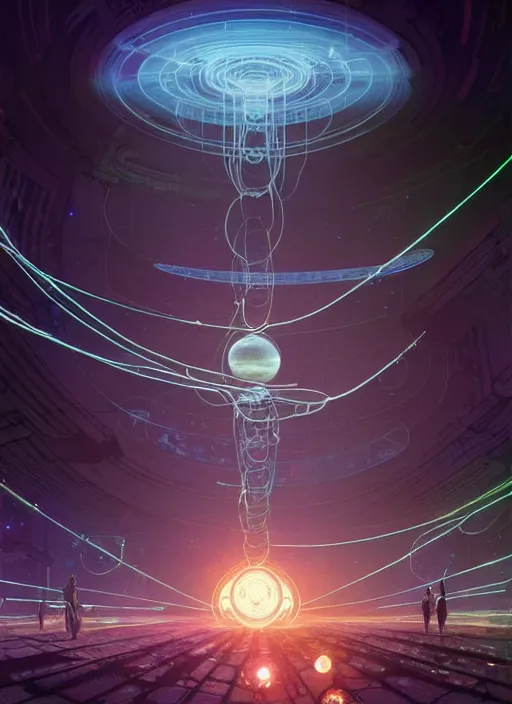 Prompt: high depth, collective civilization unity, calm, healing, resting, life, hybrids, scifi, glowing lights!!, published concept art, mixed medias, image overlays, sharp focus, thin glowing wires, winning illustration, art by greg rutkowski and alphonse mucha, singularity!!!, 3 6 0 projection