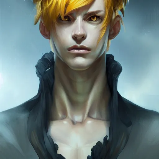 Image similar to portrait of hisoka hunter hunter, male, upper body sharp jaw yellow eyes small eyes red hair, medium length hair, anime, fantasy, intricate, elegant, highly detailed, digital painting, artstation, concept art, matte, sharp focus, illustration, art by artgerm and greg rutkowski and alphonse mucha