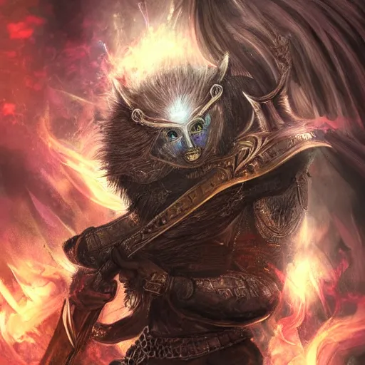 Image similar to a stunning illustration of a noble and fierce fantasy warrior, with glowing eyes, smoke out of eyes, with sword held high, intricate, highly detailed, concept art, smooth, sharp focus, atmospheric, cinematic