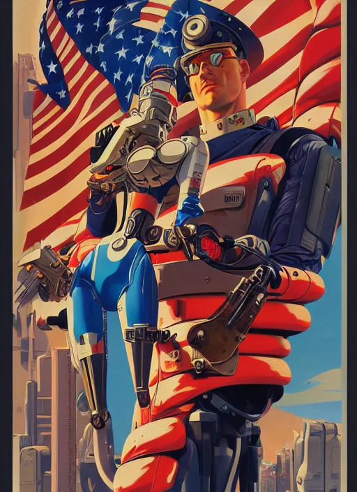 Image similar to american propaganda poster art. powerful cyberpunk pilot. portrait by jean giraud and anton otto fischer and john philip falter and will eisner and gil elvgren and pixar. full body. realistic proportions. science fiction d & d. overwatch, rb 6 s, cyberpunk 2 0 7 7, blade runner 2 0 4 9 concept art. cel shading. thick lines.