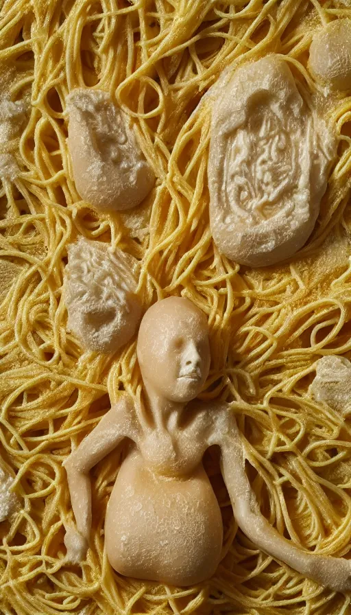 Prompt: a human fruit covered with molds and wearing pasta, fungus, complete figure, 3 d render, photo realistic, highly detailed, vivid colors.