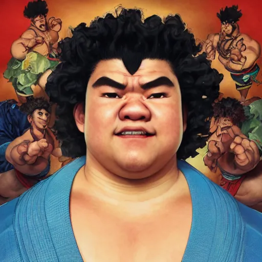 Image similar to gaten matarazzo as e. honda the sumo wrestler from street fighter, smiling, ultra realistic, concept art, intricate details, eerie, highly detailed, photorealistic, octane render, 8 k, unreal engine. art by artgerm and greg rutkowski and magali villeneuve and alphonse mucha