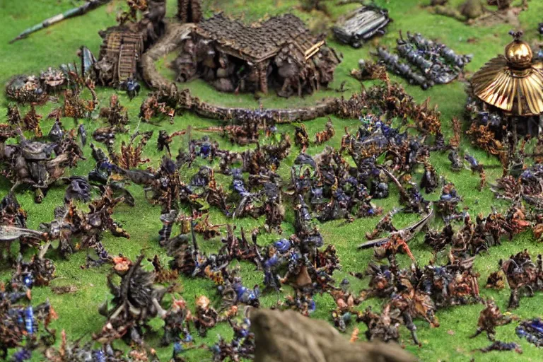 Image similar to photo taken of an epic intricate, ultra detailed miniature modular, battlefield diorama created by weta workshop, zoomed in shots focussing an army of high elves battling a horde of orcs, with highly detailed exquisitely painted 3 d printed characters, cinematic wide shot, photorealistic, sharp focus, f 0. 4, golden ratio, golden hour