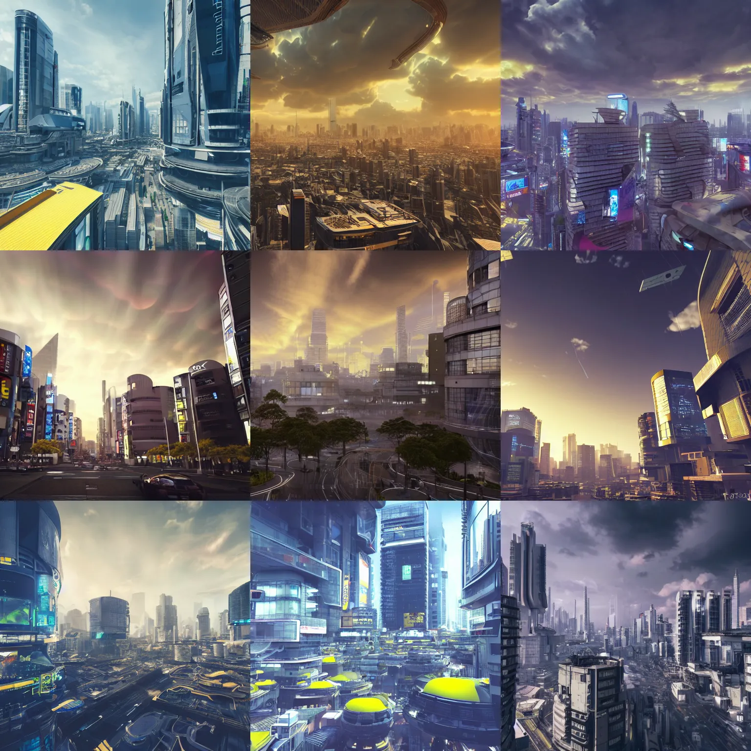 Prompt: The futuristic city of New Shibuya in the year 2248, Japanese high-tech shopping district on a different planet, sky is covered by thick yellow clouds, unreal engine octane render, ray tracing, photorealistic