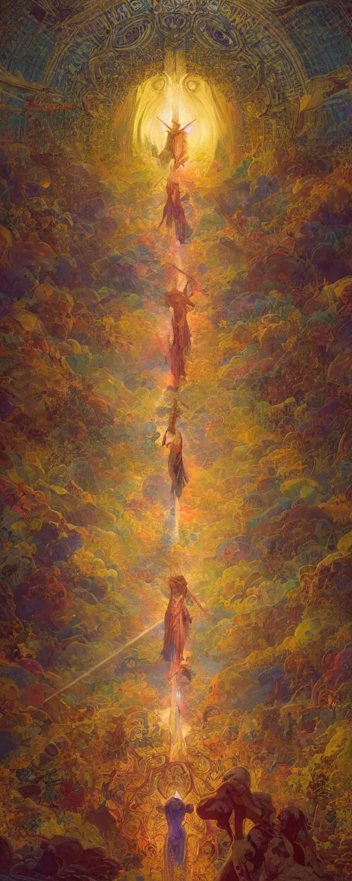 Image similar to war along the path to heaven's gate, coherent design, symmetrical, vivid color, complementary color, golden ratio, detailed, sharp lines, intricate, rainbowshift, by james gurney, by gustave dore, by peter mohrbacher, by alphonse mucha, by maxfield parrish, by deviantart, octane render