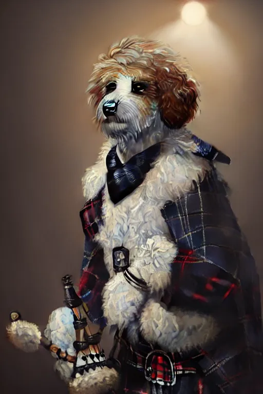 Prompt: a white cockapoo wearing a tartan jacket playing the bagpipes, anatomy, bathed in light, highly detailed, photorealistic, artstation, smooth, sharp focus, illustration, unreal engine 5, 8 k, art by artgerm and greg rutkowski and edgar maxence