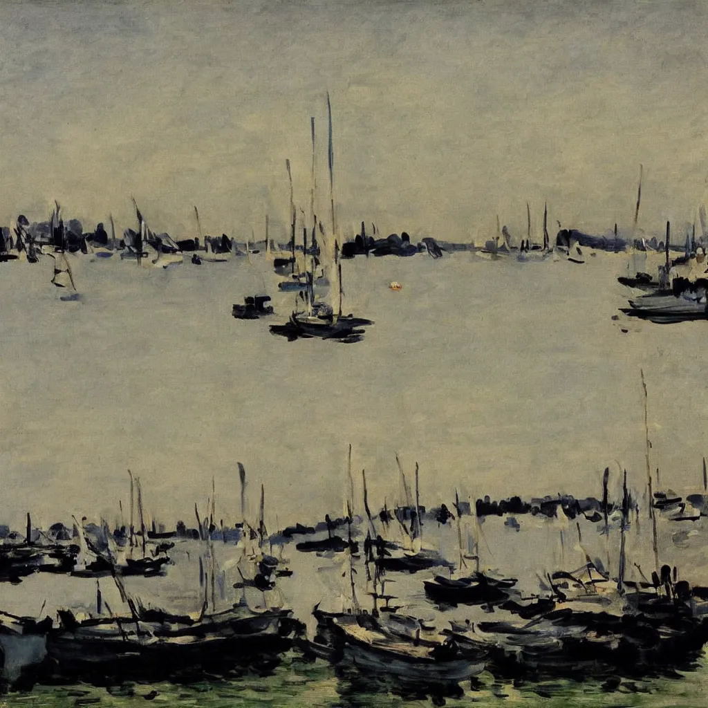 Image similar to dusk Harbour, painting by Manet